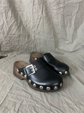 Ganni Black Leather Studded Clog Mules